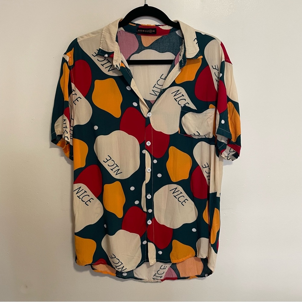 Size M Irregular Geometric Block Print Chest Pocket Casual Short Sleeve Shirt